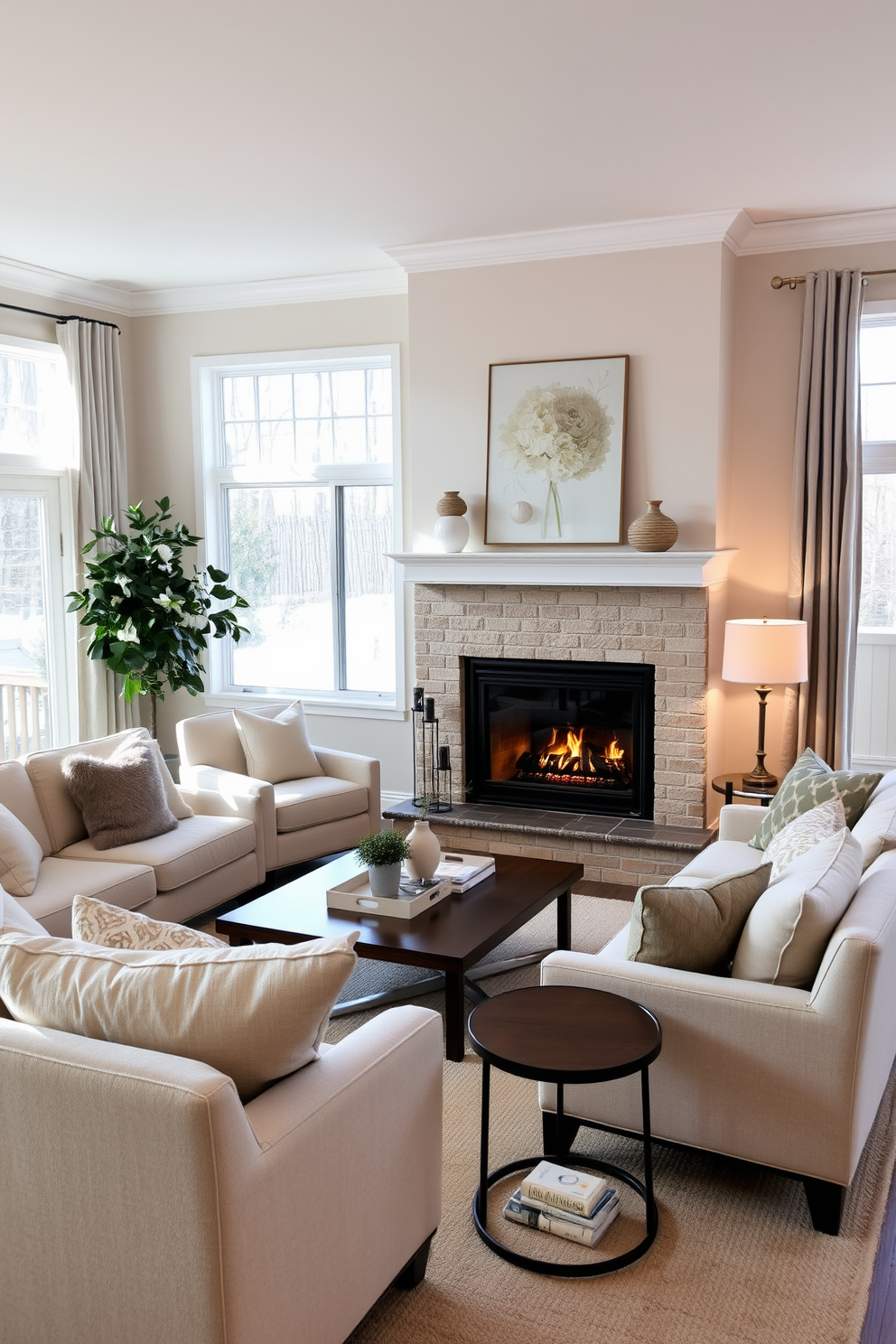 A serene living room featuring a corner fireplace as the focal point. The space is adorned with a neutral color palette, incorporating soft beiges, warm grays, and subtle whites to create a calming atmosphere. Plush seating arrangements are positioned to encourage conversation and relaxation. Natural light filters through large windows, enhancing the cozy ambiance while accentuating the inviting textures of the furnishings.