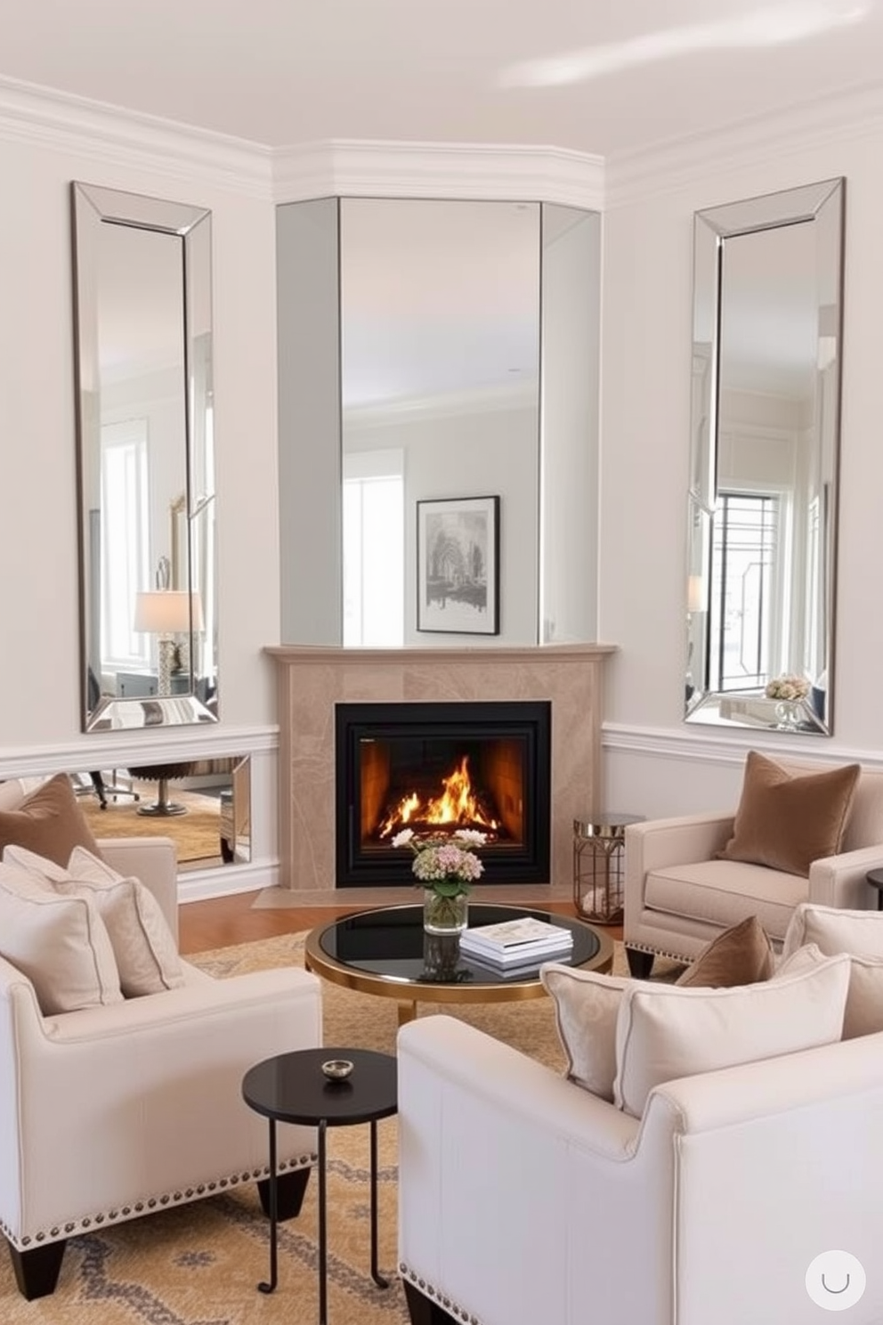 A stylish living room featuring a corner fireplace with a sleek modern screen that enhances the cozy atmosphere. The space is adorned with contemporary furniture, including a plush sectional sofa and a minimalist coffee table, creating an inviting area for relaxation.