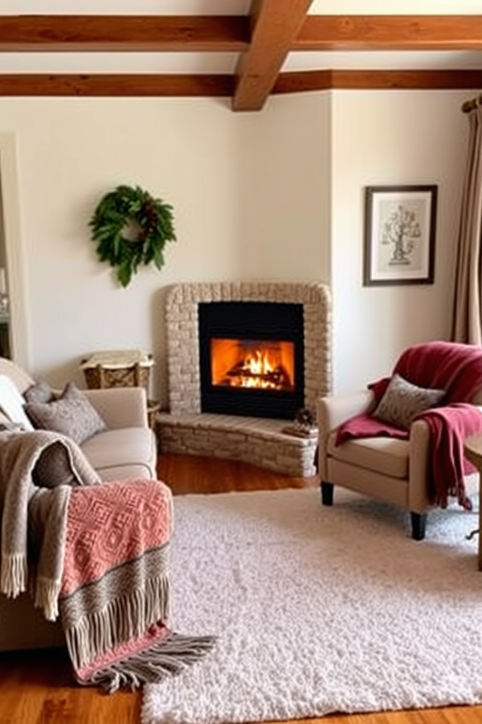 A cozy living room featuring warm throw blankets draped over plush seating. A charming corner fireplace adds a focal point, surrounded by comfortable armchairs and a soft area rug.