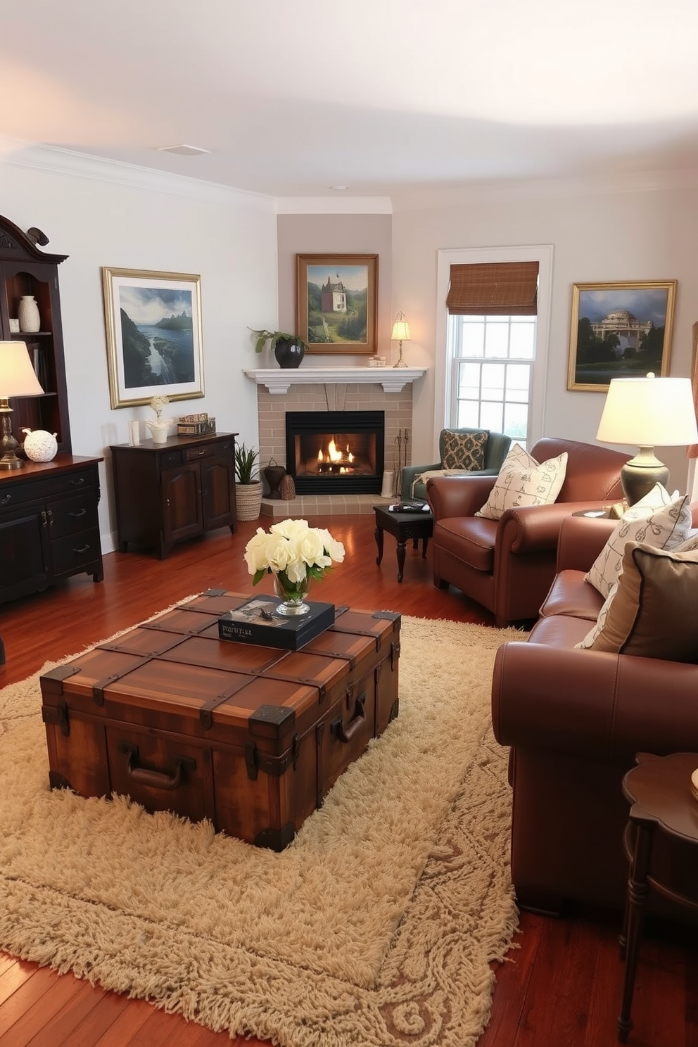 A vintage trunk serves as a unique coffee table in the living room, adding character and charm to the space. Surrounding the trunk, a plush area rug anchors the seating arrangement, featuring a mix of modern and antique furniture. A corner fireplace creates a cozy focal point in the living room, enhancing the warmth of the atmosphere. Complementing the fireplace, comfortable seating is arranged to encourage conversation and relaxation, with soft throw pillows and warm lighting.