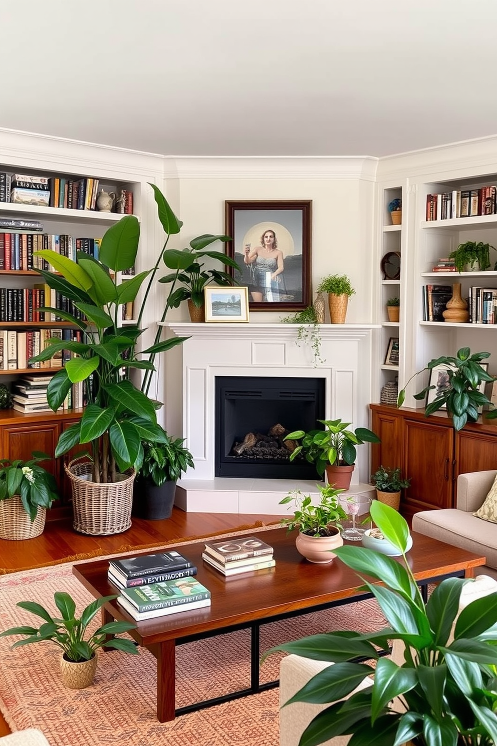 A cozy living room featuring a corner fireplace that serves as the focal point. The fireplace is surrounded by built-in shelves filled with books and decorative items, creating a warm and inviting atmosphere. Lush green plants are strategically placed throughout the space to add life and color. A large potted plant stands next to the fireplace, while smaller plants adorn the coffee table and window sills, enhancing the overall design.