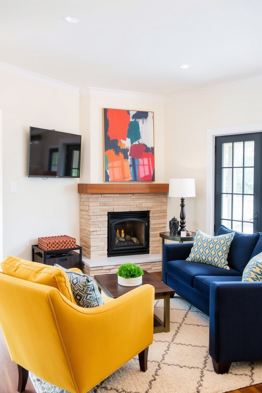 A cozy living room featuring a corner fireplace as the focal point. The walls are painted in a soft cream color while the furniture includes a deep navy blue sofa and a vibrant mustard yellow armchair for a striking contrast. The fireplace is surrounded by a stacked stone finish and topped with a rustic wooden mantel. Decorative elements such as a large abstract painting in bold colors and a plush area rug with geometric patterns complete the inviting atmosphere.