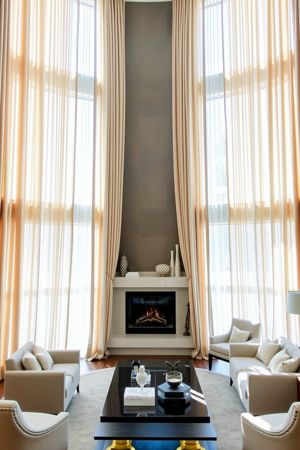 A striking corner fireplace serves as the focal point of the living room, featuring an intricate stone mantelpiece with ornate detailing. The surrounding area is adorned with plush seating arrangements in rich fabrics, creating a warm and inviting atmosphere. The fireplace is flanked by built-in shelves filled with curated decor and books, enhancing the room's elegance. Soft lighting from stylish sconces highlights the mantelpiece, adding depth and character to the space.