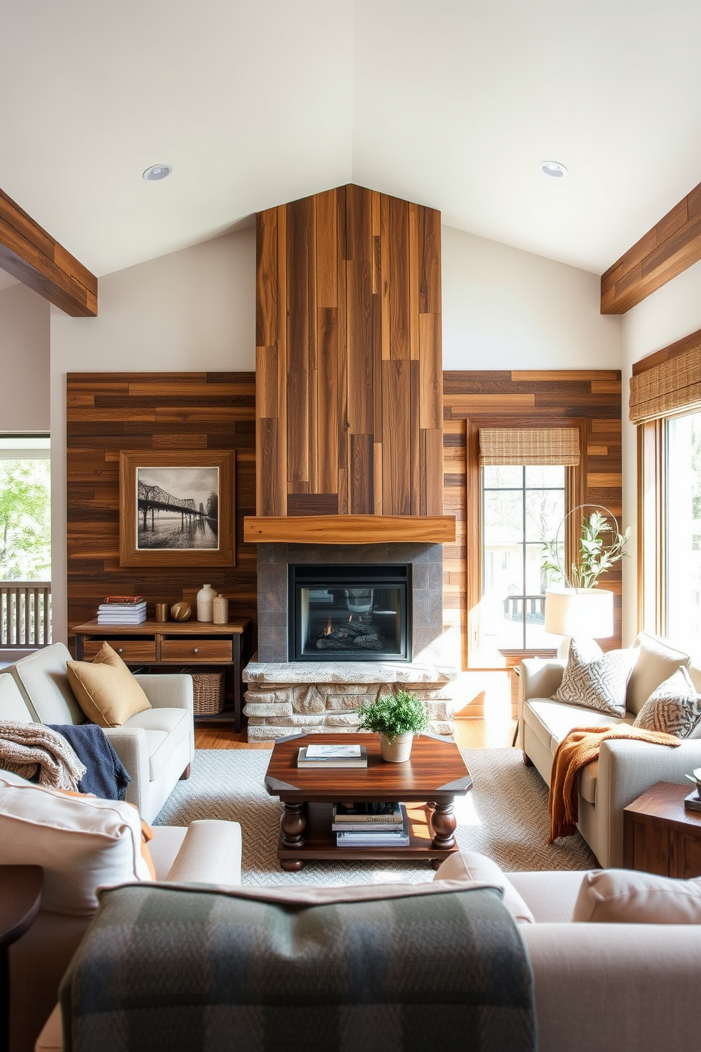 A cozy living room featuring reclaimed wood accents that add warmth and character to the space. The room is anchored by a corner fireplace that serves as a focal point, surrounded by comfortable seating and soft textiles. Natural light floods the room through large windows, highlighting the rich textures of the reclaimed wood. Earthy tones are used throughout the decor, creating an inviting atmosphere perfect for relaxation and gatherings.