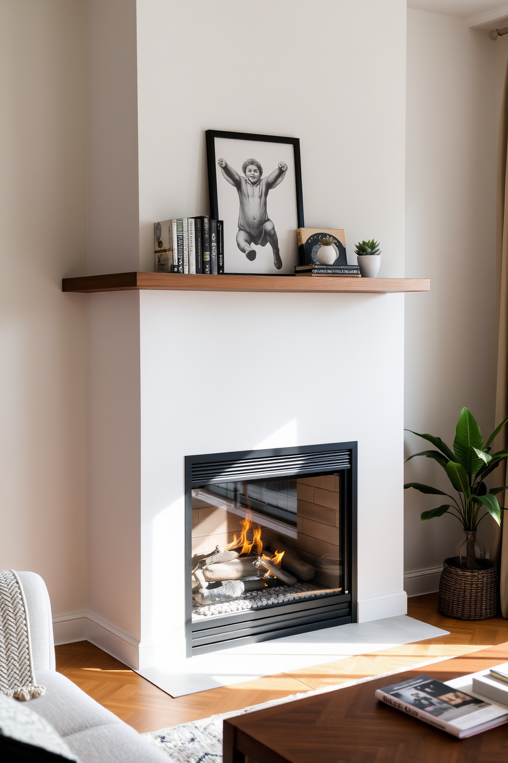 A cozy living room featuring a corner fireplace with a sleek black surround. Above the mantel, there are floating shelves adorned with decorative books and small potted plants.