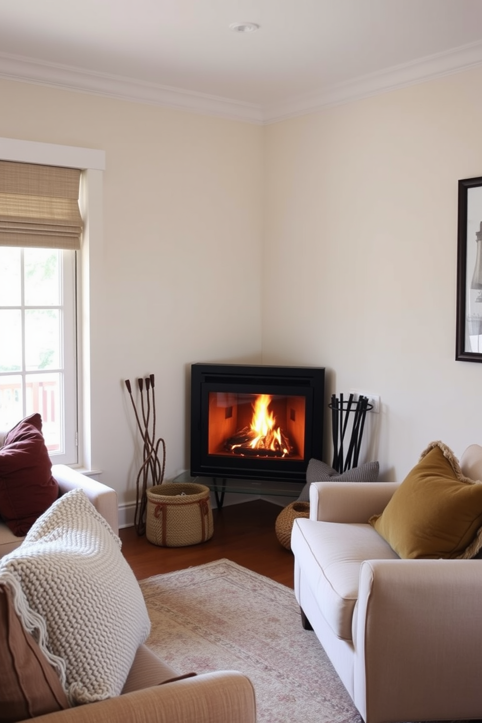 A cozy living room featuring a corner fireplace that serves as the focal point of the space. The room is adorned with soft cushions in various textures and colors, inviting relaxation and warmth.