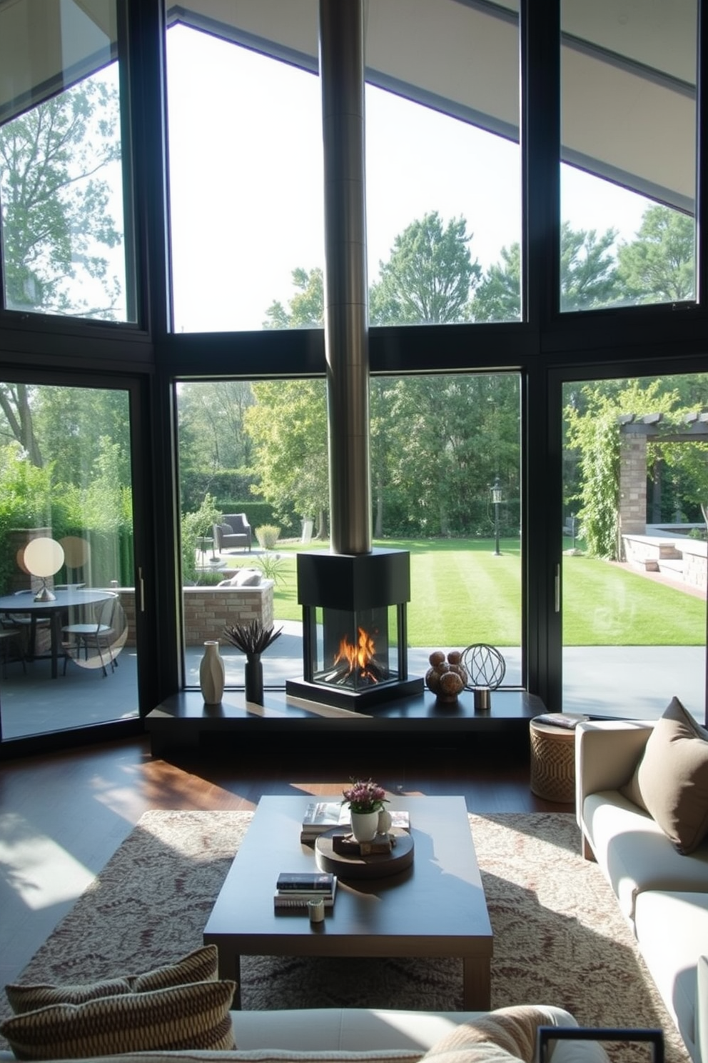 A cozy living room features a corner fireplace with a sleek design that creates a warm focal point. Beside the fireplace, a stylish firewood holder made of brushed metal elegantly organizes logs while adding a modern touch to the space. The walls are painted in a soft gray, complemented by a plush area rug that anchors the seating arrangement. Large windows allow natural light to flood the room, enhancing the inviting atmosphere.