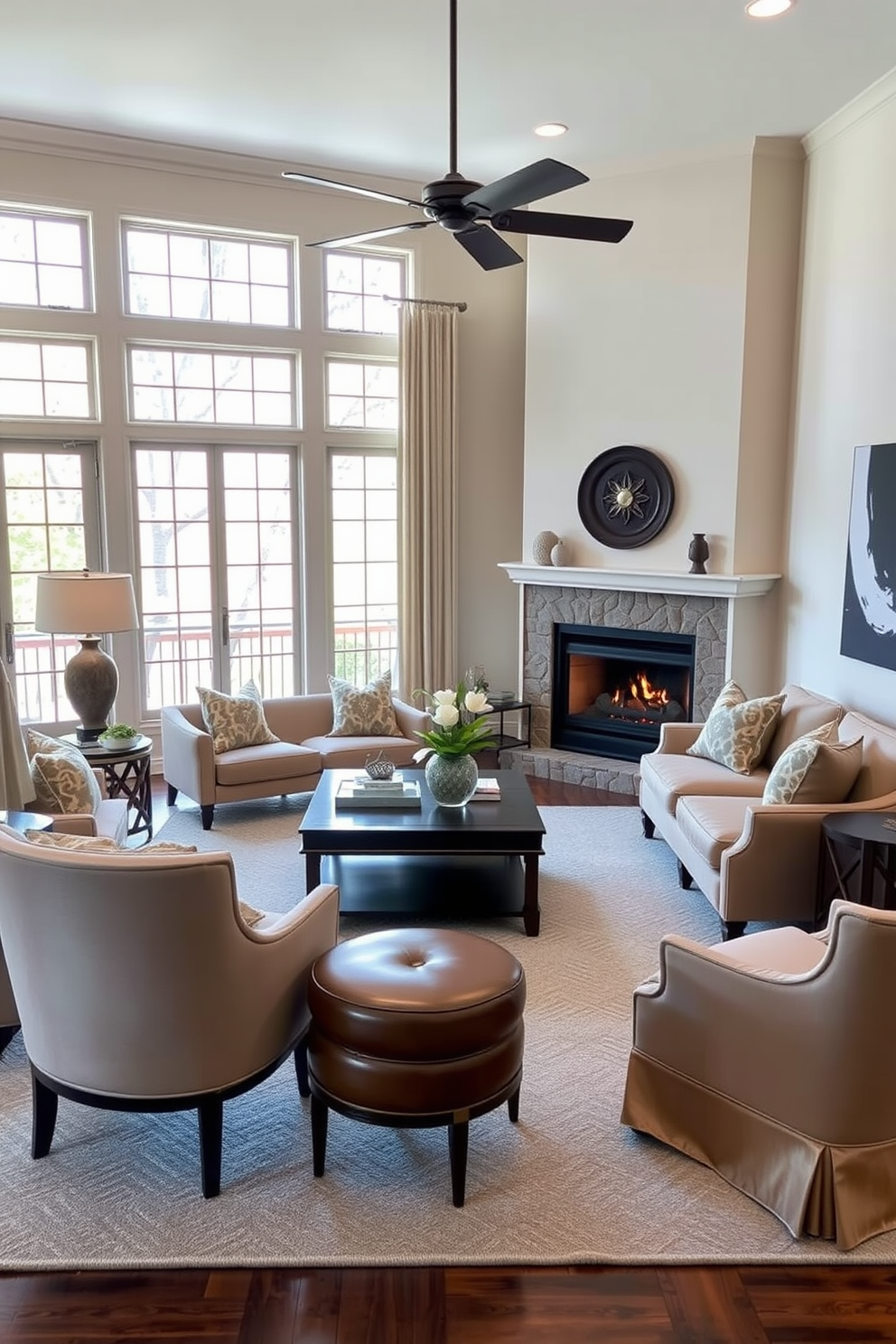 A cozy living room features a corner fireplace that adds warmth and charm to the space. The furniture is arranged to create an inviting atmosphere, with a plush sectional sofa facing the fireplace and a stylish coffee table at the center. Large windows allow natural light to flood the room, highlighting the elegant decor. Accent chairs are placed thoughtfully to encourage conversation, while a soft area rug ties the seating arrangement together.