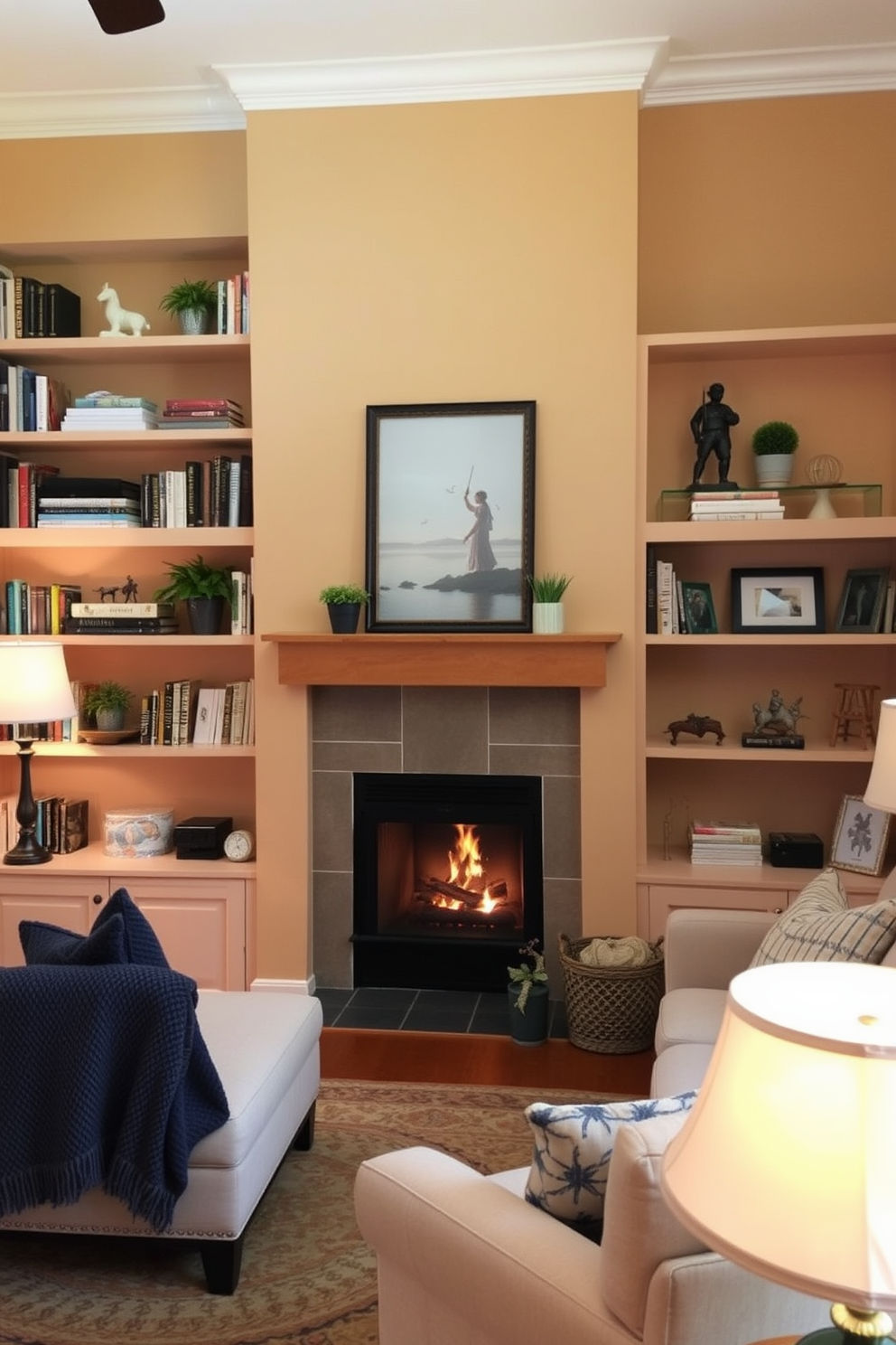 A cozy living room features open shelving elegantly displaying decorative items such as books, plants, and art pieces. The warm color palette invites relaxation, while the open shelves create a sense of spaciousness and personal touch. A charming corner fireplace serves as the focal point of the room, surrounded by comfortable seating arrangements. Soft lighting enhances the inviting atmosphere, making it a perfect spot for gatherings or quiet evenings.