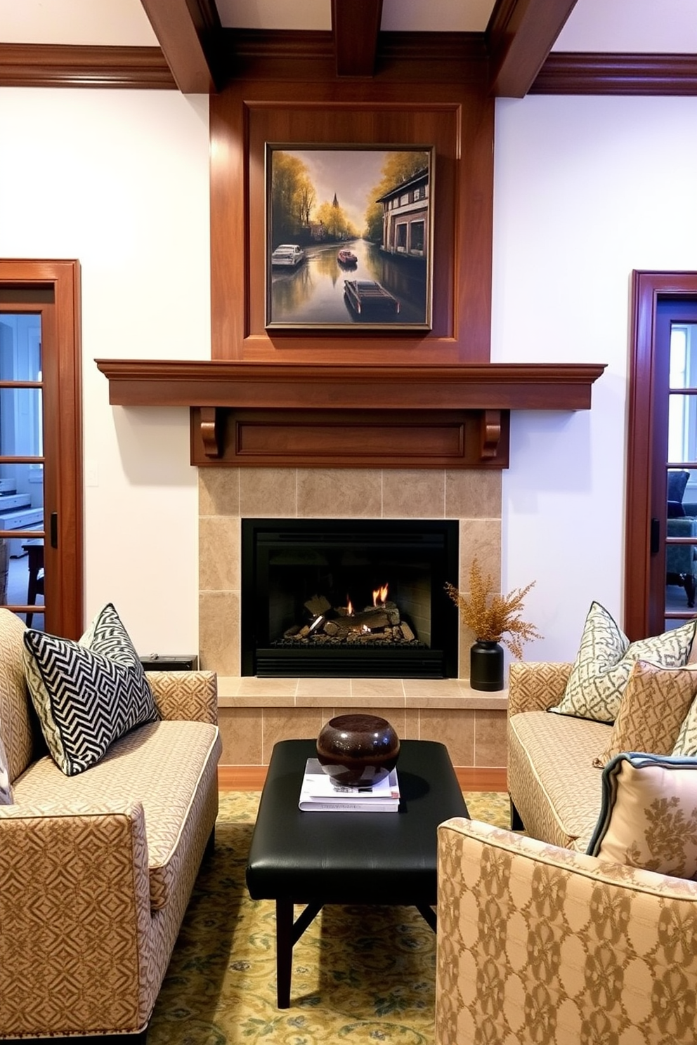 A unique coffee table design featuring a geometric shape made of glass and metal. The table is surrounded by plush, modern sofas in a neutral color palette, creating a stylish focal point in the living room. A cozy corner fireplace with a sleek stone surround adds warmth to the space. The living room is designed with layered lighting, including pendant lights and floor lamps, enhancing the inviting atmosphere.