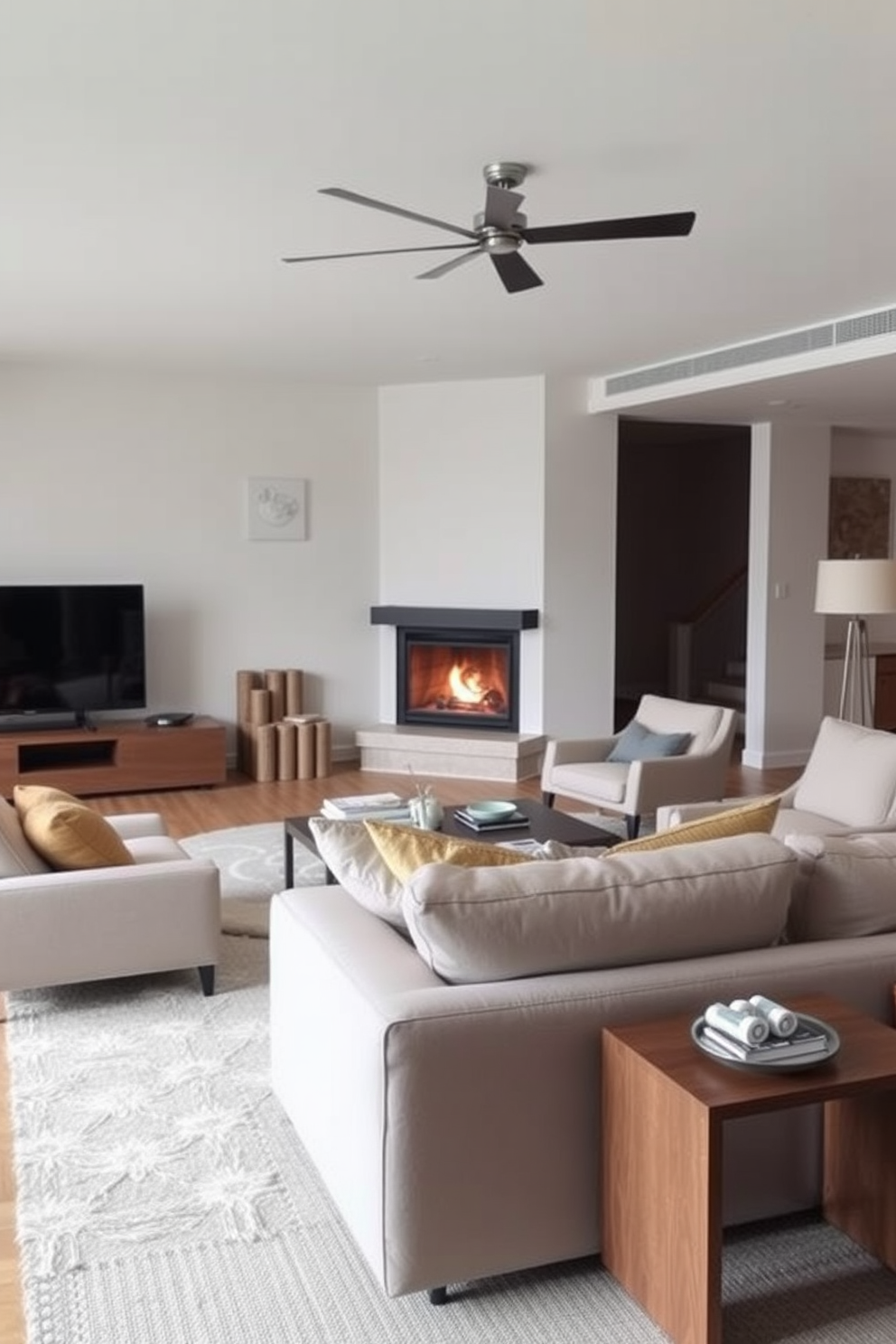 Low-profile furniture creates an airy and spacious feel in the living room, allowing for easy movement and a relaxed atmosphere. The corner fireplace serves as a cozy focal point, surrounded by minimalist seating and soft textiles that enhance the warmth of the space.