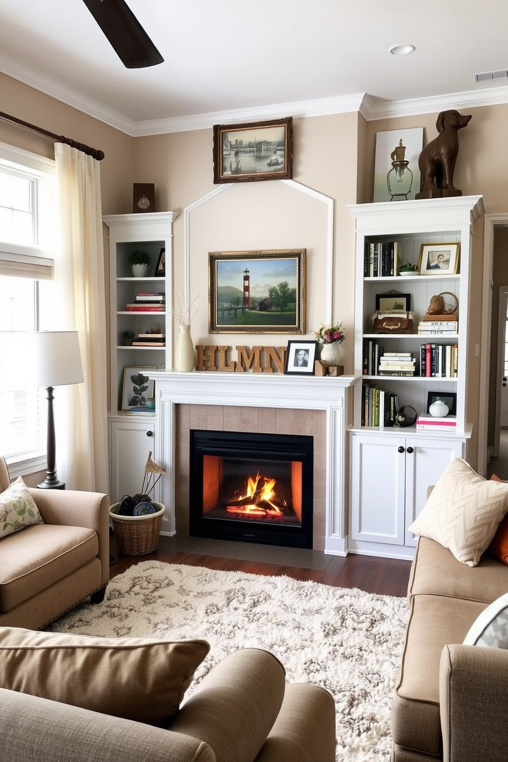 A cozy living room featuring a corner fireplace as the focal point. The walls are painted in a warm taupe while the furniture is upholstered in a deep navy blue for a striking contrast. A plush area rug in soft cream lies beneath a modern coffee table made of reclaimed wood. Accent pillows in vibrant mustard yellow add a pop of color to the seating arrangement.