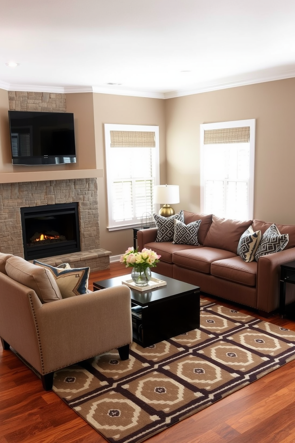 A cozy living room featuring a corner fireplace that adds warmth and charm to the space. Nearby, a small dining table is elegantly set for two, with soft lighting creating an inviting atmosphere.