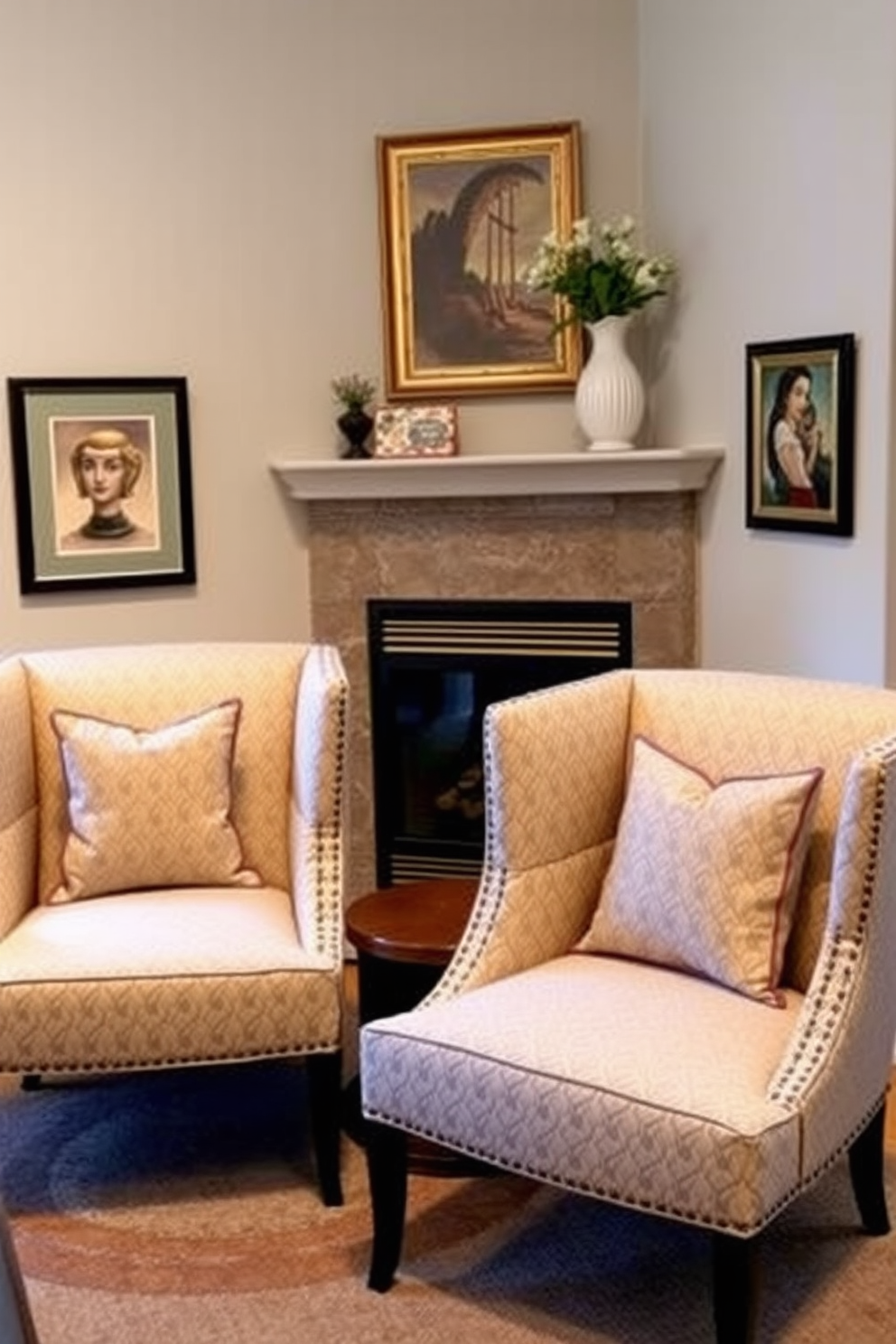 A cozy living room featuring accent chairs flanking a charming corner fireplace. The chairs are upholstered in a soft fabric with a subtle pattern, providing a warm and inviting atmosphere.