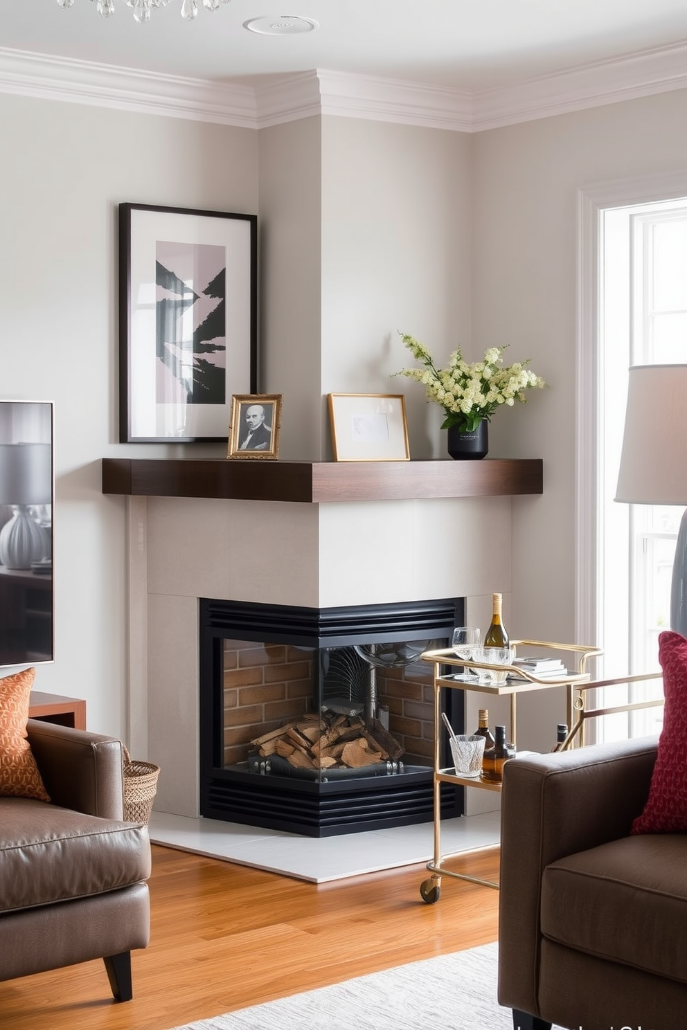 A cozy living room design featuring a statement chandelier that hangs gracefully above the seating area. The room is anchored by a corner fireplace, creating a warm and inviting atmosphere for relaxation and gatherings.