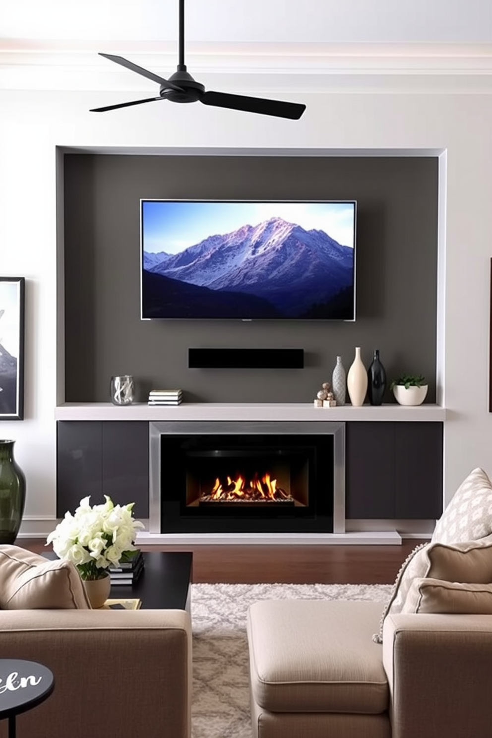 A vibrant living room features a corner fireplace adorned with colorful artwork above it. The space is filled with comfortable seating and accented with decorative pillows that complement the art.