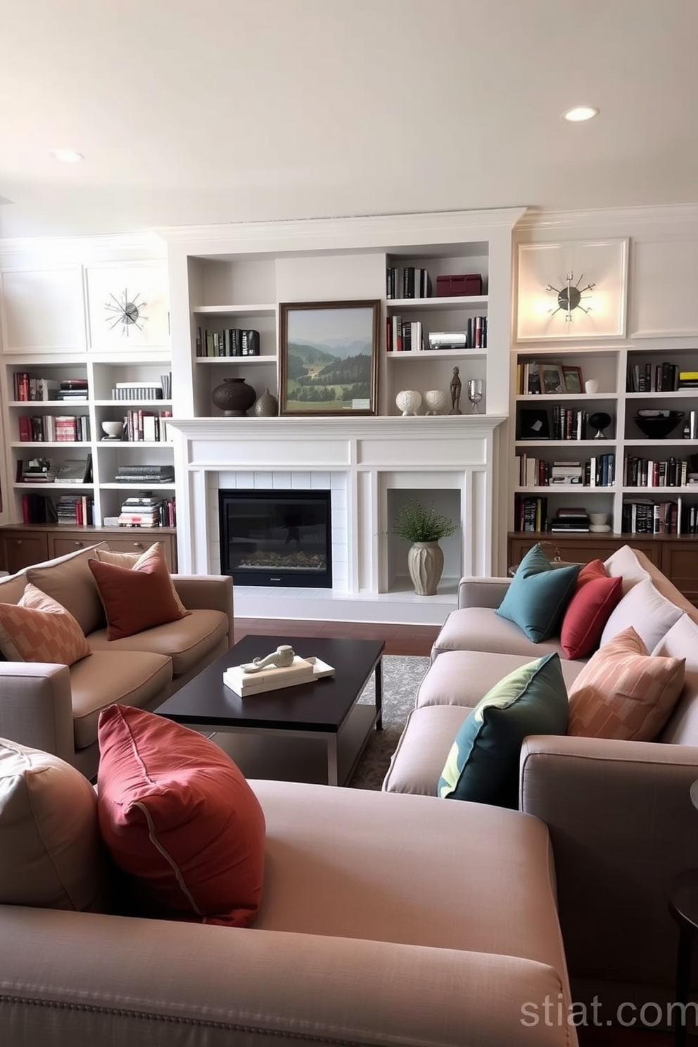 An inviting living room features an L-shaped sofa upholstered in a soft gray fabric, providing ample seating for family and friends. The sofa is adorned with colorful throw pillows, adding a touch of warmth and personality to the space. A corner fireplace serves as the focal point of the room, framed by elegant built-in shelves filled with books and decorative items. Soft lighting from stylish sconces enhances the cozy atmosphere, making it the perfect spot for relaxation and gatherings.