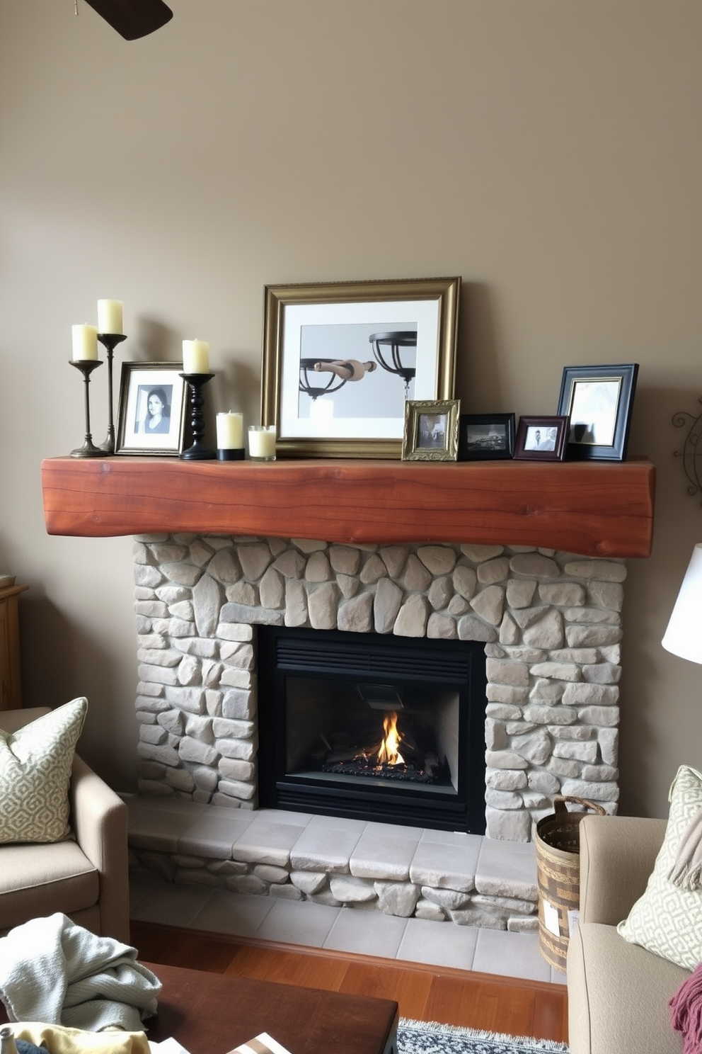 A cozy living room features a rustic wood mantel adorned with various decorative items such as candles and framed photos. Below, a corner fireplace adds warmth, surrounded by comfortable seating and earthy tones to create an inviting atmosphere.