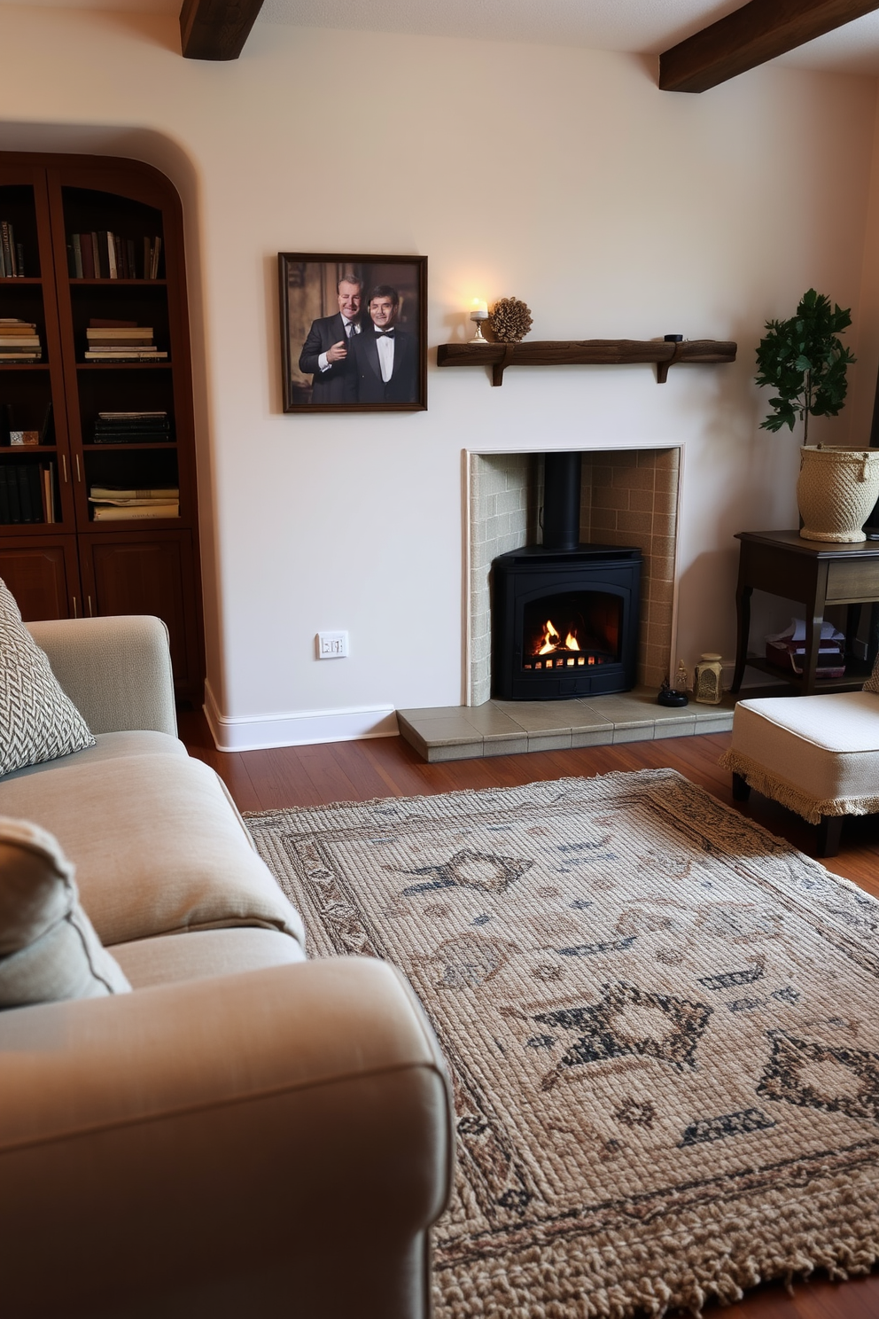 A cozy living room features a round coffee table as the centerpiece, surrounded by plush sofas in soft neutral tones. A corner fireplace adds warmth and ambiance, framed by stylish built-in shelves filled with books and decorative items.