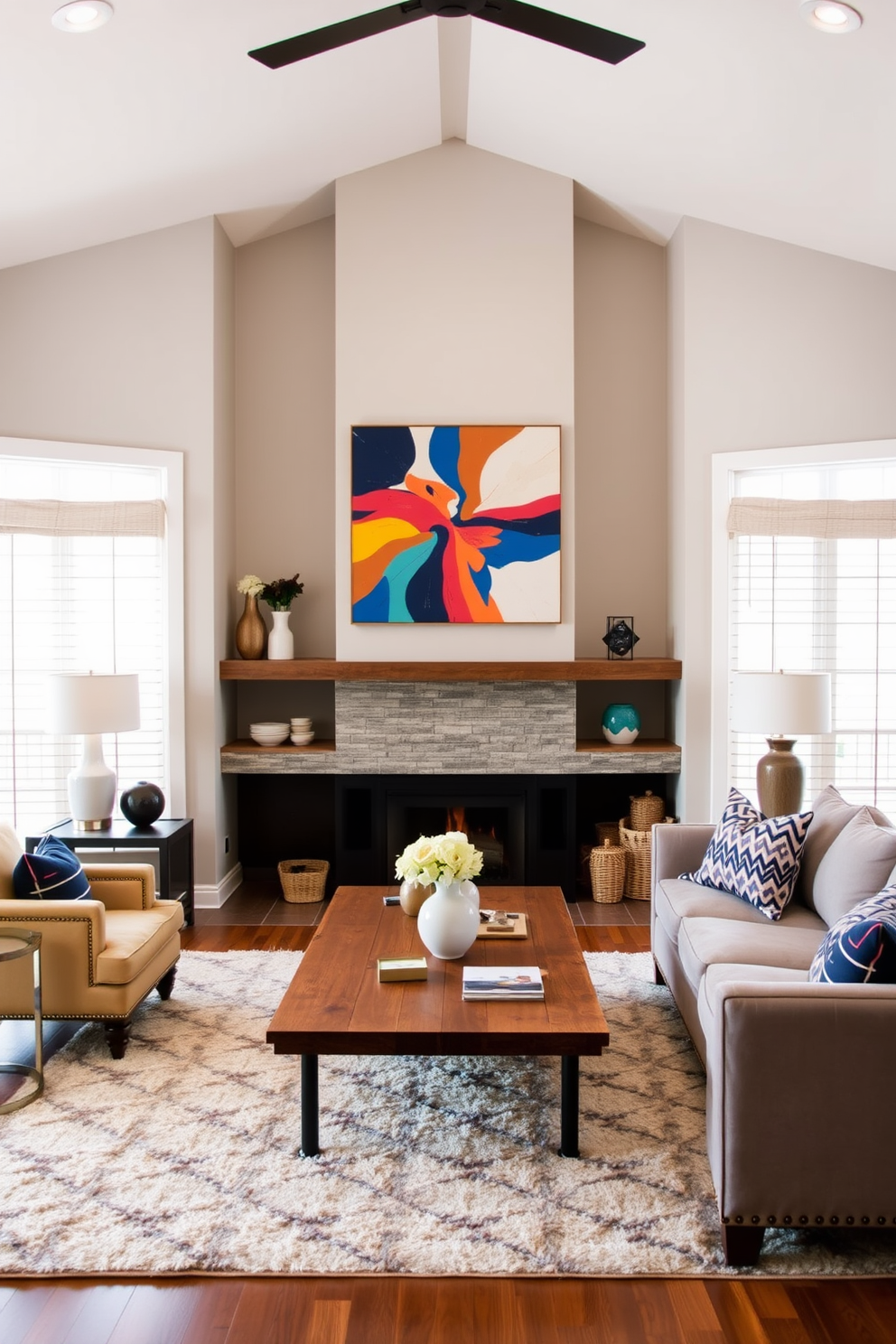 A stylish living room featuring a corner fireplace as the focal point. Above the fireplace, bold artwork adds a vibrant touch, drawing the eye and enhancing the overall aesthetic. The seating area is arranged to encourage conversation, with a plush sectional sofa and accent chairs. A coffee table made of reclaimed wood sits at the center, surrounded by decorative accessories and a soft area rug.