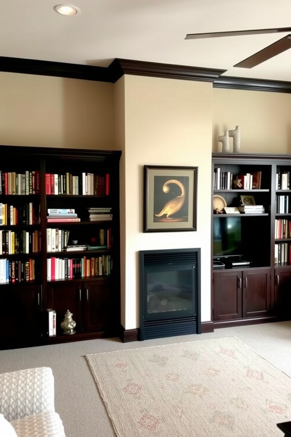 A cozy living room featuring built-in bookshelves on either side of a corner fireplace. The shelves are filled with an array of books and decorative items, while the fireplace adds warmth and character to the space.