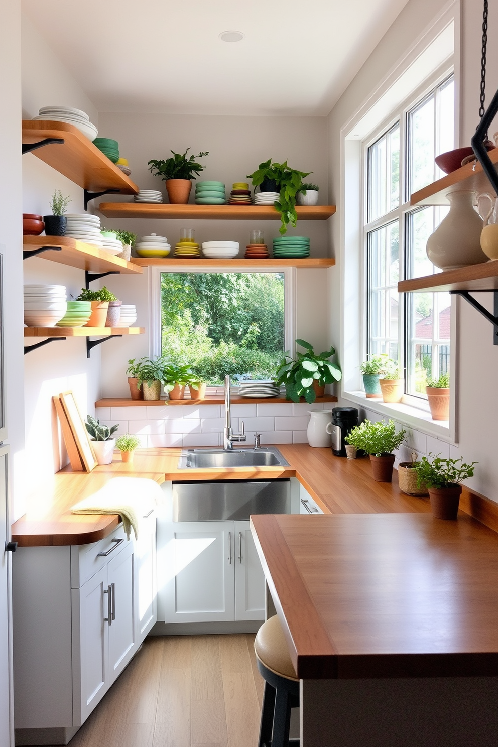 Open shelving lines the walls of a cozy corner kitchen, showcasing an array of colorful dishware and potted herbs. The countertops are a warm wood finish, complemented by a stylish backsplash of white subway tiles that reflect natural light. A large window above the sink offers a view of the garden outside, bringing in fresh air and sunlight. The kitchen island features bar stools with soft cushions, creating an inviting space for casual dining and conversation.