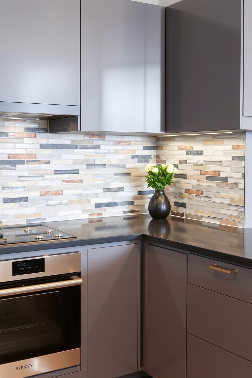 A textured backsplash featuring a mix of natural stone and glass tiles creates a stunning focal point in the kitchen. The corner kitchen design incorporates sleek cabinetry and a spacious countertop, maximizing both style and functionality.