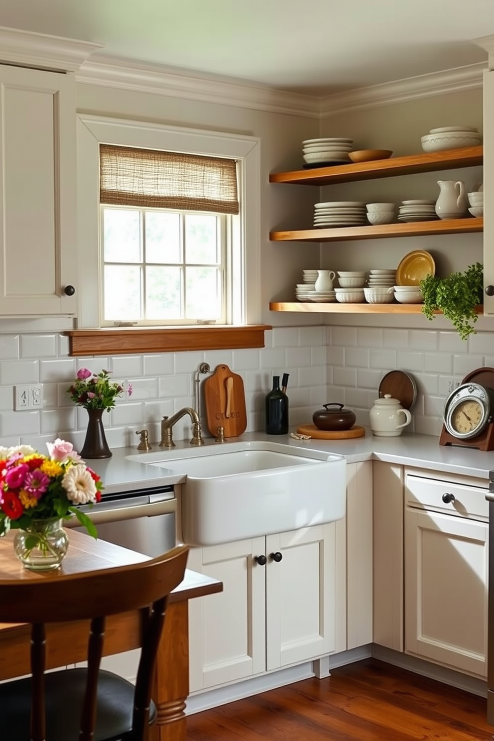 A cozy corner kitchen featuring a farmhouse sink with an apron front design. The cabinetry is painted in a soft white, complemented by warm wood accents and open shelving displaying rustic dishware. Natural light floods the space through a large window above the sink, highlighting the subway tile backsplash. A wooden dining table sits adjacent to the kitchen, adorned with fresh flowers and vintage kitchenware for a charming touch.