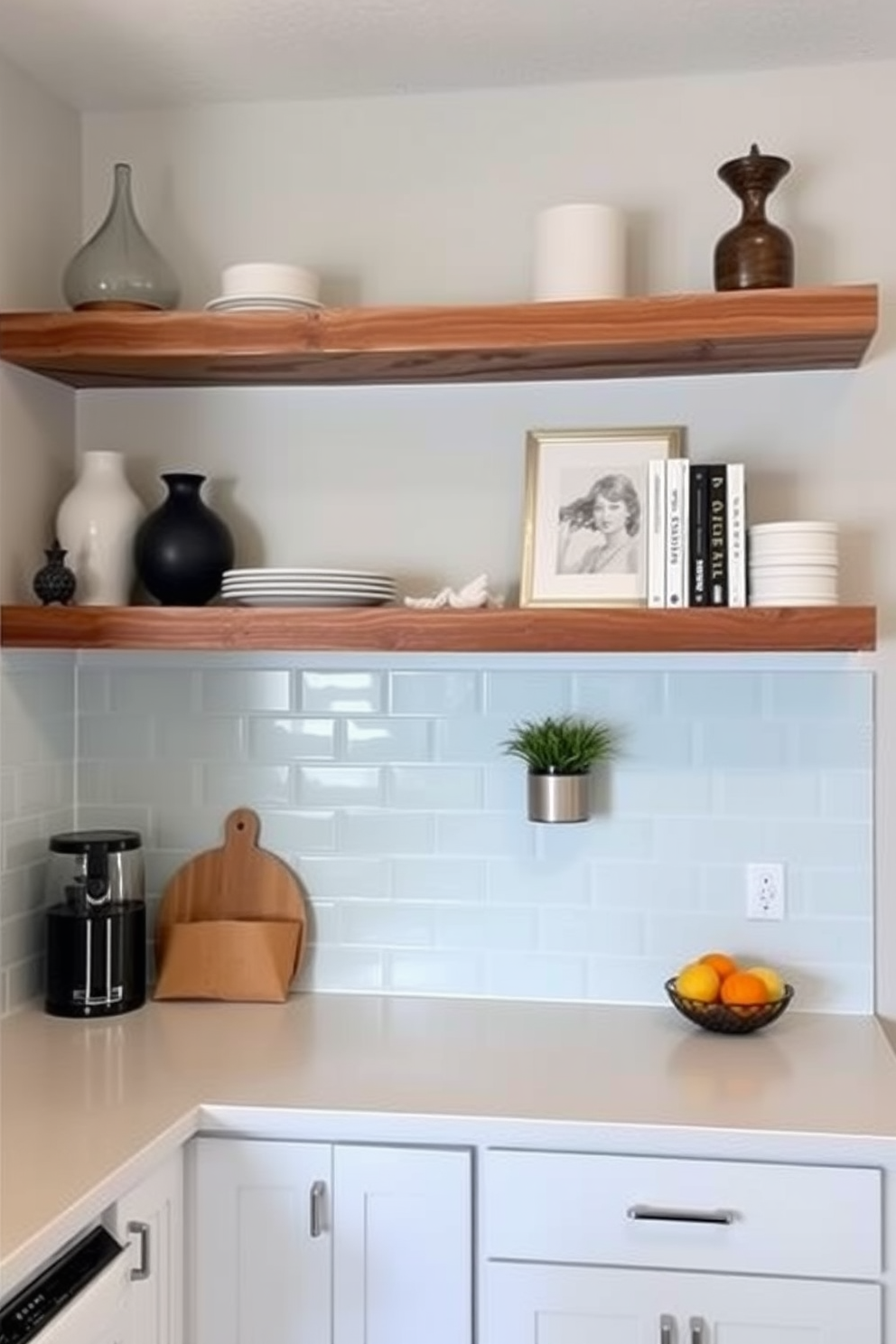 A corner kitchen featuring floating shelves made of reclaimed wood to display decorative items and cookbooks. The shelves are arranged above a sleek countertop with modern appliances and a stylish backsplash in soft pastel tones.