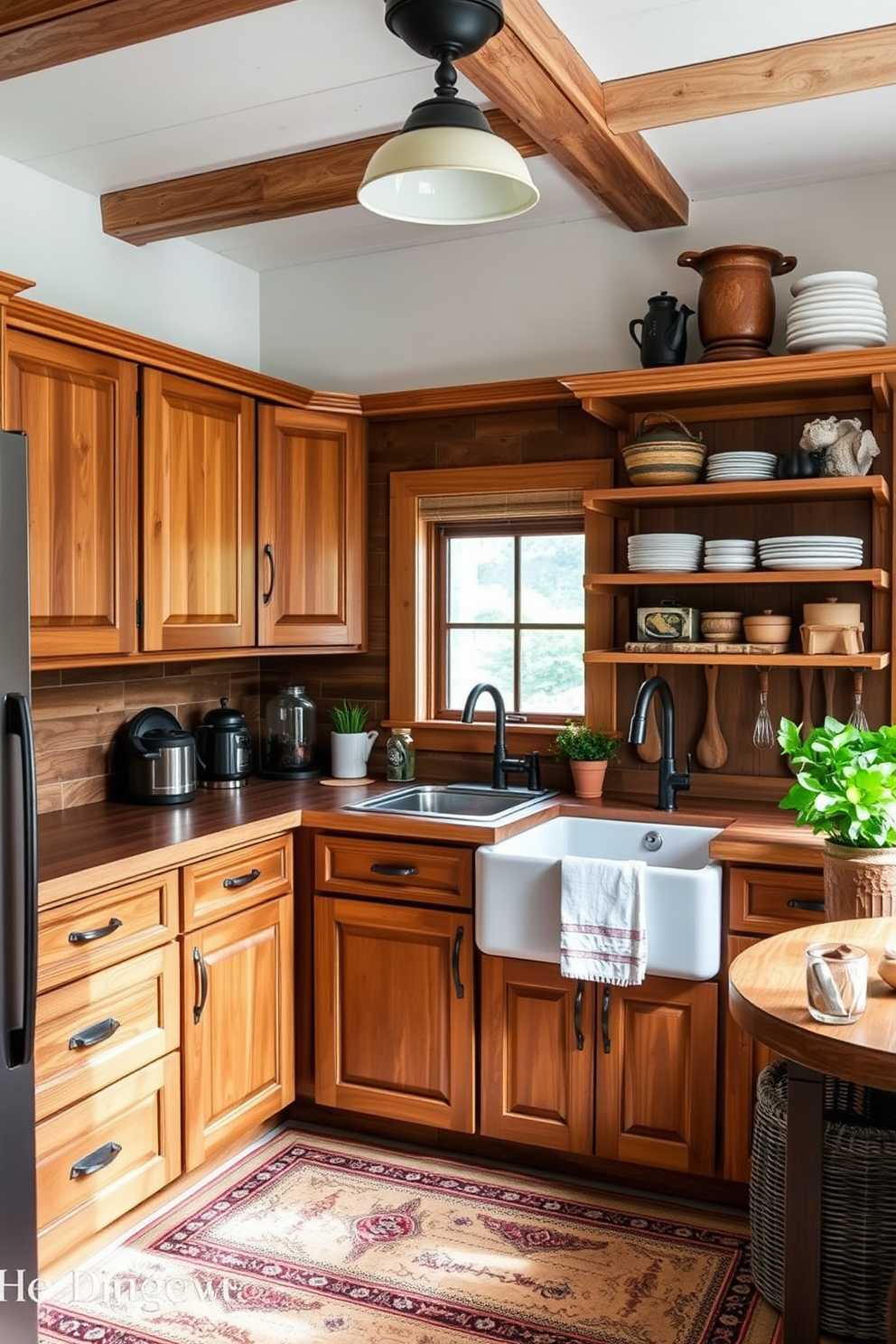 A cozy corner kitchen with natural wood accents that brings warmth and charm to the space. The cabinetry features rich wooden finishes, complemented by a farmhouse sink and open shelving displaying rustic dishware.