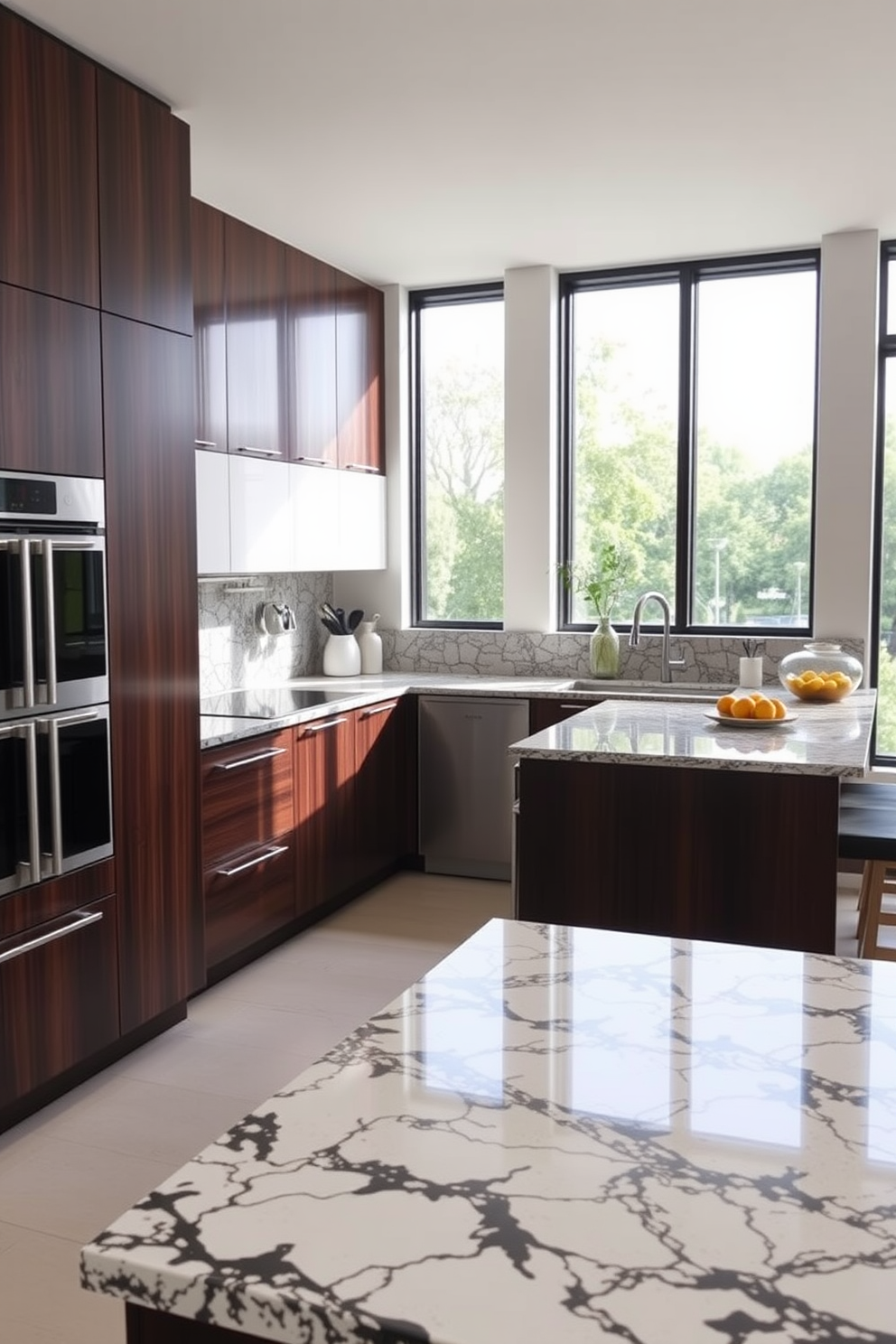 A corner kitchen with bold countertops that make a statement. The cabinetry features a mix of dark wood and sleek white finishes, creating a striking contrast. The kitchen island is designed for both functionality and style, with ample seating and integrated appliances. Large windows allow natural light to flood the space, highlighting the unique textures and colors of the countertops.