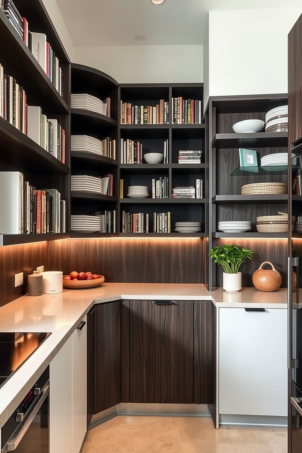 A modern corner kitchen featuring vertical storage solutions to maximize space. Shelving units extend from the countertop to the ceiling, showcasing neatly organized dishes and cookbooks. The kitchen has a sleek design with a combination of dark wood and stainless steel finishes. A compact island in the center provides additional workspace while maintaining an open feel.