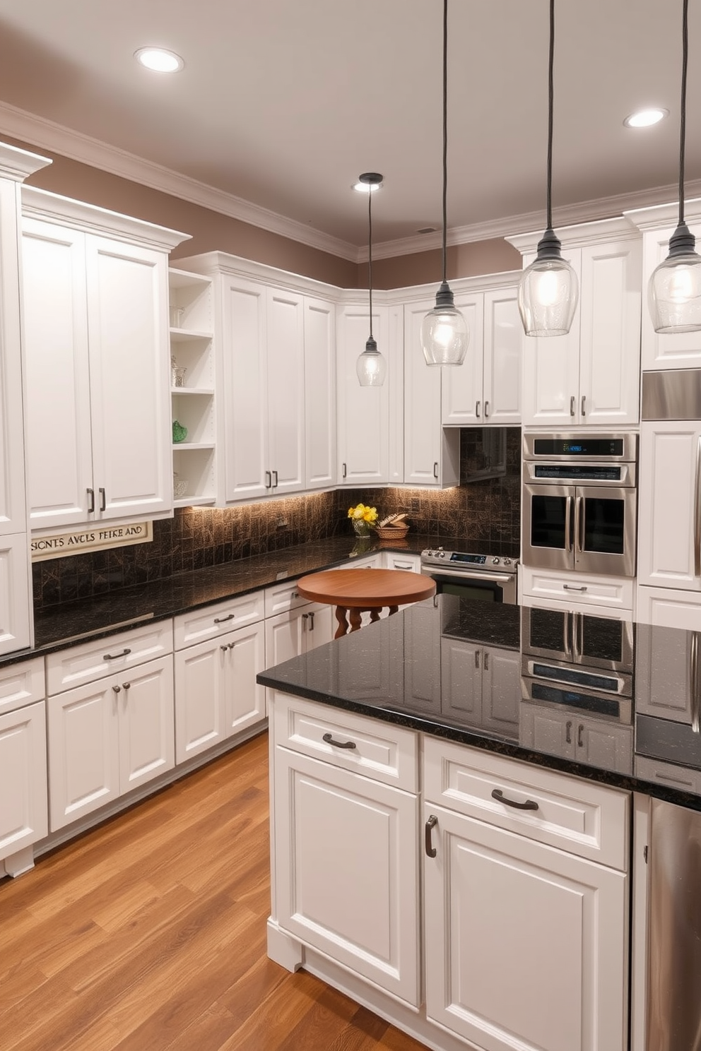 An L-shaped kitchen design featuring sleek cabinets in a soft white finish. The countertops are made of a dark granite, providing a striking contrast to the cabinetry and enhancing the overall elegance of the space. In one corner, a cozy breakfast nook is integrated with built-in seating and a round wooden table. The kitchen is illuminated by pendant lights hanging above the island, creating a warm and inviting atmosphere.