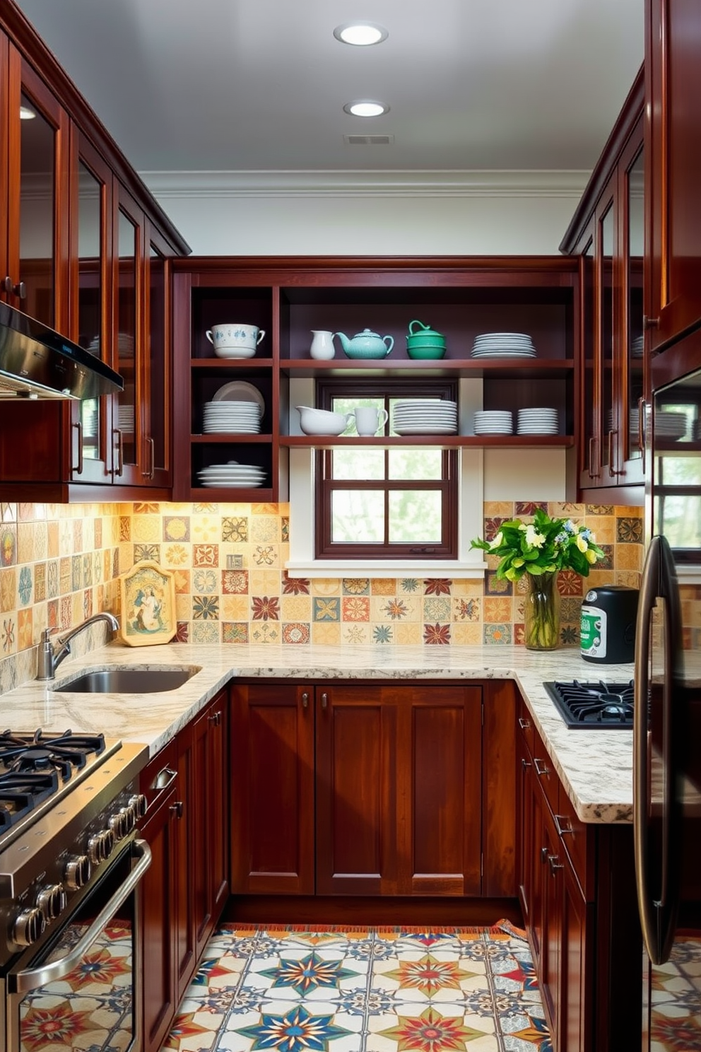 A corner kitchen designed with decorative tiles adds unique flair and personality to the space. The tiles feature vibrant colors and intricate patterns that complement the cabinetry and countertops, creating an inviting atmosphere. The layout maximizes functionality while maintaining an aesthetic appeal. Open shelving showcases beautiful dishware, and a cozy breakfast nook enhances the kitchen's charm.