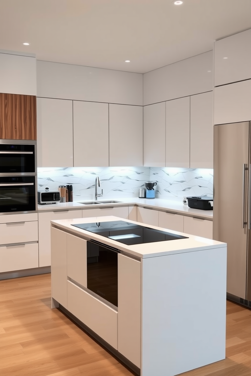 A contemporary corner kitchen featuring smart appliances seamlessly integrated into the design. The cabinetry is sleek and minimalist, with a combination of matte white and natural wood finishes. A large island with a built-in induction cooktop serves as a central hub for cooking and entertaining. Under-cabinet lighting highlights the stylish backsplash, creating a warm and inviting atmosphere.