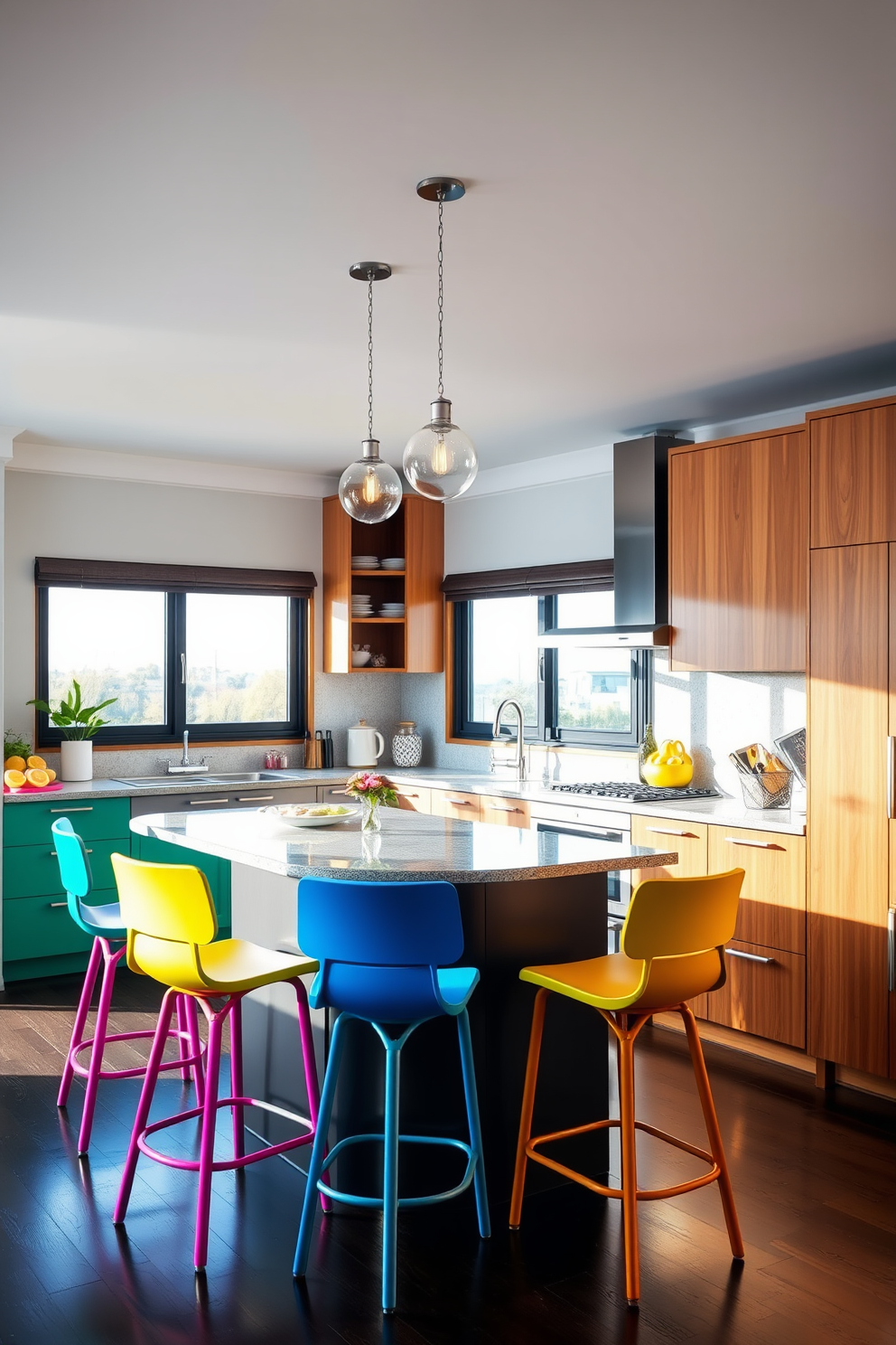 Colorful bar stools in vibrant hues are arranged around a sleek kitchen island, adding a lively touch to the space. The kitchen features modern cabinetry with a mix of open shelves and closed storage, complemented by stylish pendant lighting above the island. The corner kitchen design maximizes space with a U-shaped layout, allowing for efficient workflow and easy access to all cooking essentials. Large windows provide ample natural light, enhancing the warm tones of the wooden cabinetry and the inviting atmosphere of the kitchen.