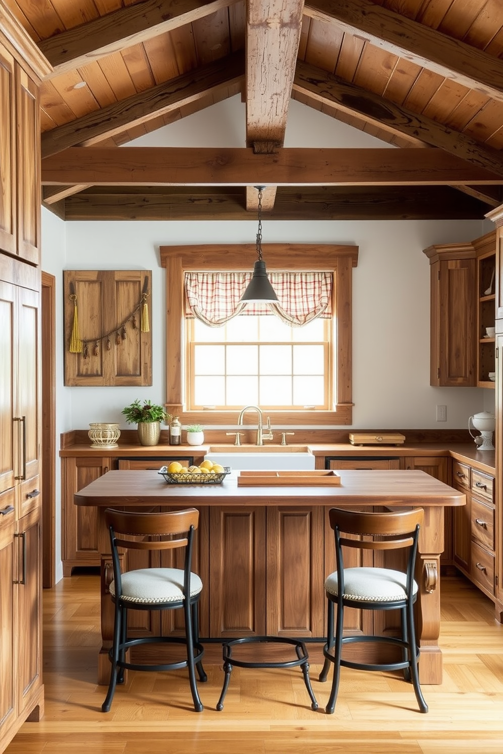 A cozy corner kitchen that embraces rustic elements. Exposed wooden beams adorn the ceiling, while a farmhouse sink sits beneath a window framed with vintage curtains. The cabinetry features distressed wood finishes, complemented by antique brass hardware. A large wooden island serves as the centerpiece, surrounded by comfortable bar stools with soft cushions.