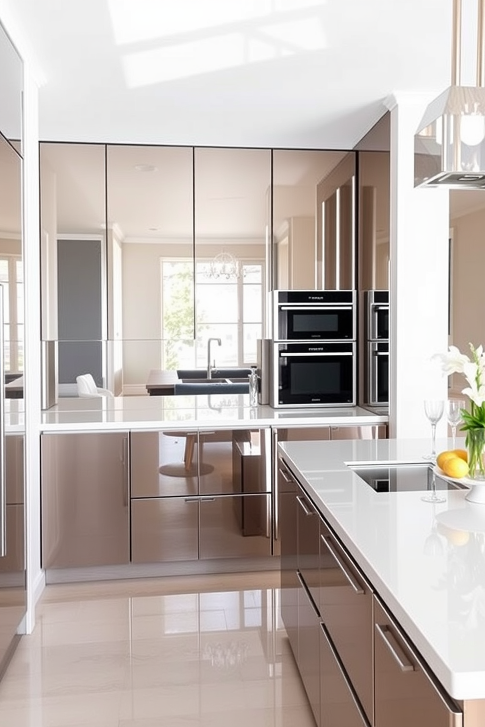 A corner kitchen design featuring mirrored surfaces that reflect natural light throughout the space. The cabinetry is sleek and modern with a glossy finish, complemented by a large island topped with a reflective surface that enhances the room's brightness.