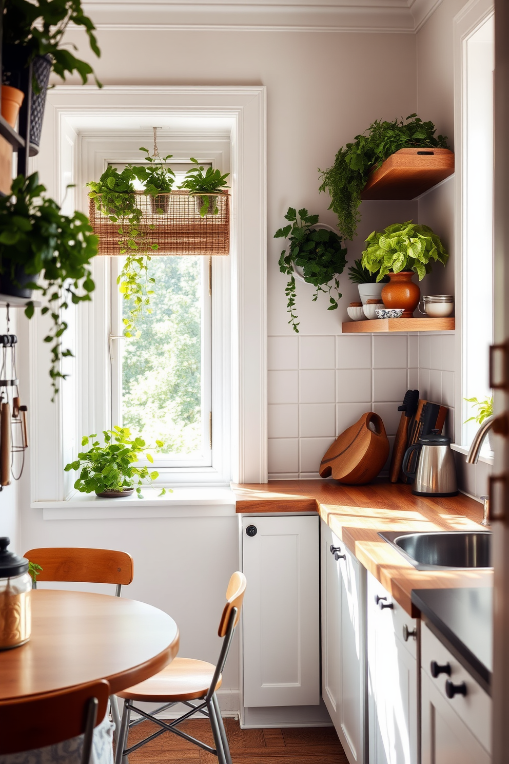 A cozy corner kitchen filled with natural light. There are open shelves displaying vibrant plants and fresh herbs, adding a touch of nature to the space. The cabinetry is painted in a soft white, contrasting beautifully with a rustic wooden countertop. A small dining nook with a round table and chairs is nestled by the window, creating an inviting atmosphere.