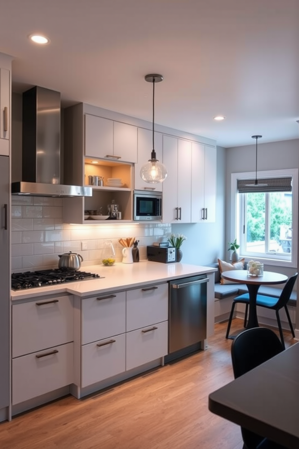 Zoned lighting enhances the functionality of each area in the kitchen, creating a warm and inviting atmosphere. Pendant lights hang above the island, while recessed lighting illuminates the cooking area, ensuring every task is well-lit. The corner kitchen design features sleek cabinetry that maximizes space, complemented by a cozy breakfast nook. A large window allows natural light to flood the area, making it feel open and airy.