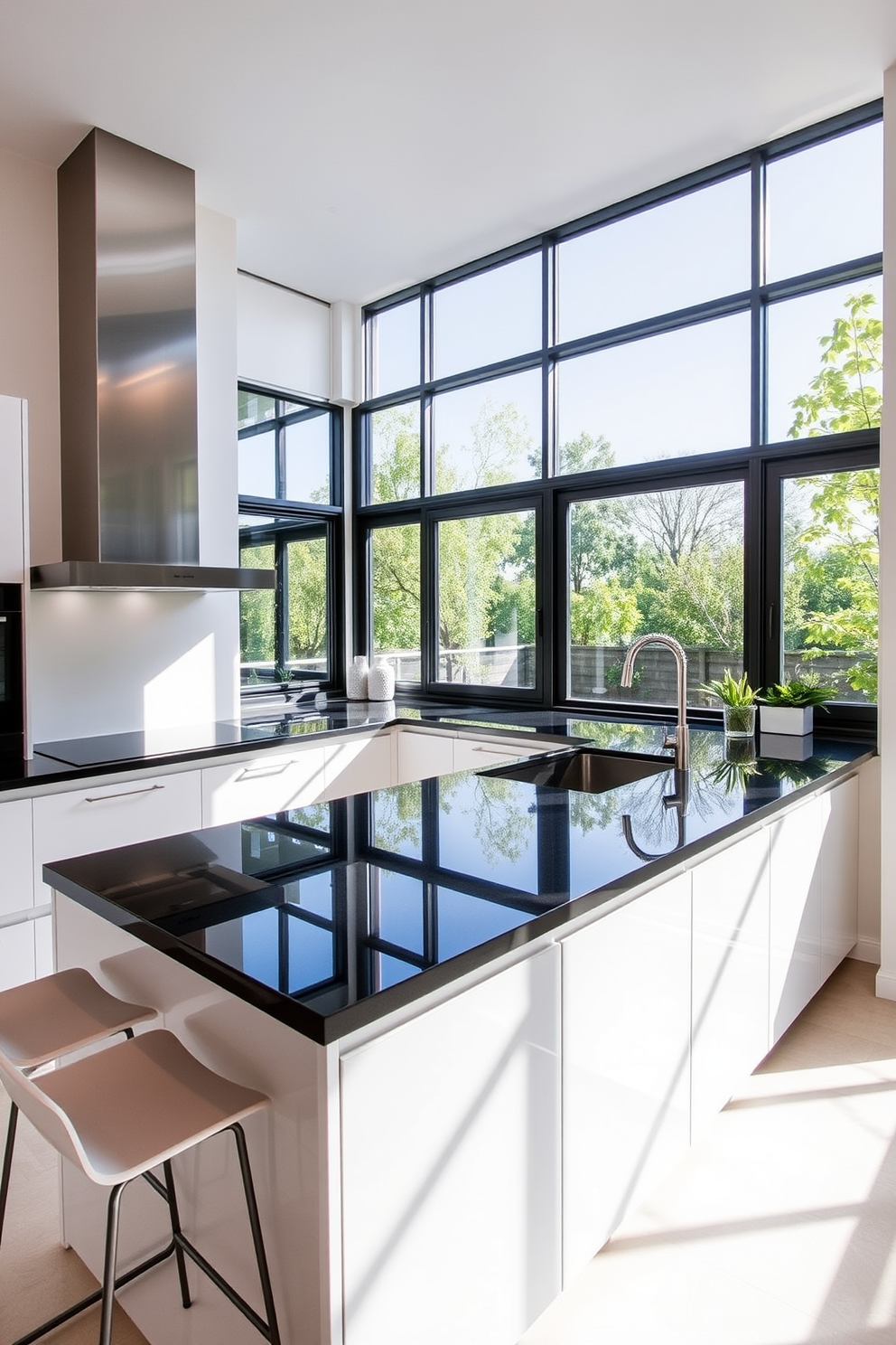 A modern corner kitchen featuring sleek contemporary fixtures. The cabinetry is a glossy white with minimalist handles and the countertops are a polished black stone, creating a striking contrast. The kitchen island is spacious and doubles as a breakfast bar with stylish stools. Large windows allow natural light to flood the space, highlighting the clean lines and open layout.