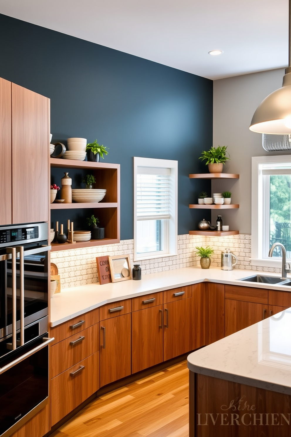 An accent wall in a kitchen features a bold color or textured material that creates a focal point and defines the cooking space. The design includes open shelving with decorative dishware and plants, enhancing both functionality and aesthetics. The corner kitchen design incorporates a U-shaped layout with modern appliances seamlessly integrated. Bright pendant lights hang above the island, providing ample illumination and creating an inviting atmosphere for cooking and entertaining.