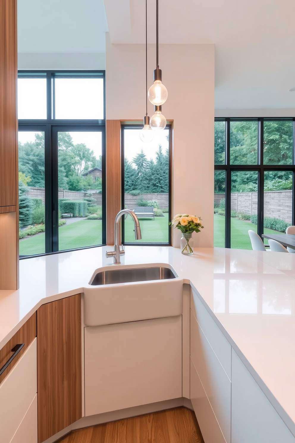 A corner sink is elegantly positioned to offer a stunning garden view through large windows. The surrounding cabinetry features a blend of natural wood and sleek white finishes, creating a harmonious balance between functionality and aesthetics. The kitchen design incorporates an open layout with a spacious island for meal preparation and casual dining. Bright pendant lights hang above the island, illuminating the space while complementing the overall design theme.