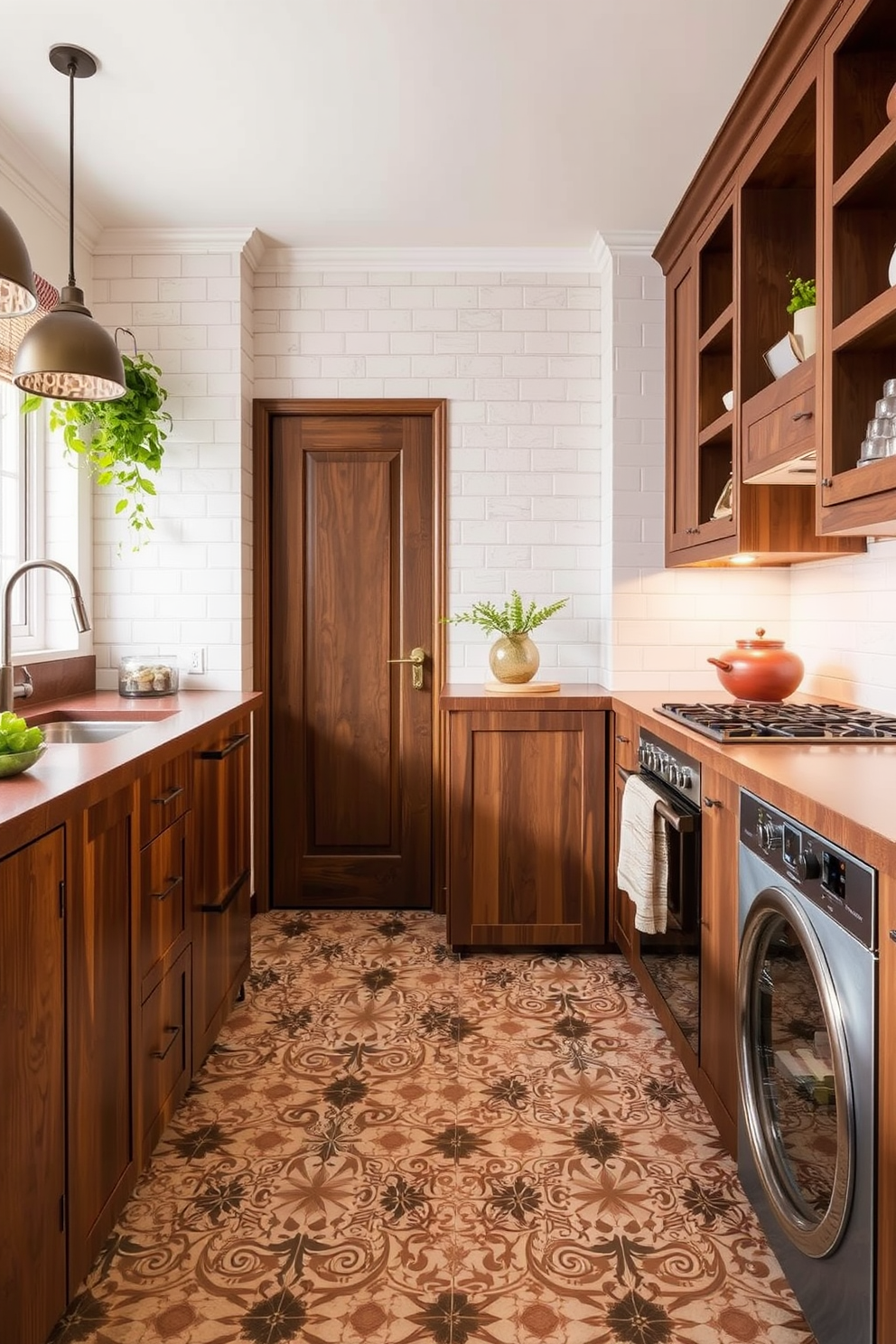 A corner kitchen design featuring unique flooring that adds character. The space includes a combination of patterned tiles and wooden accents that create a warm and inviting atmosphere.