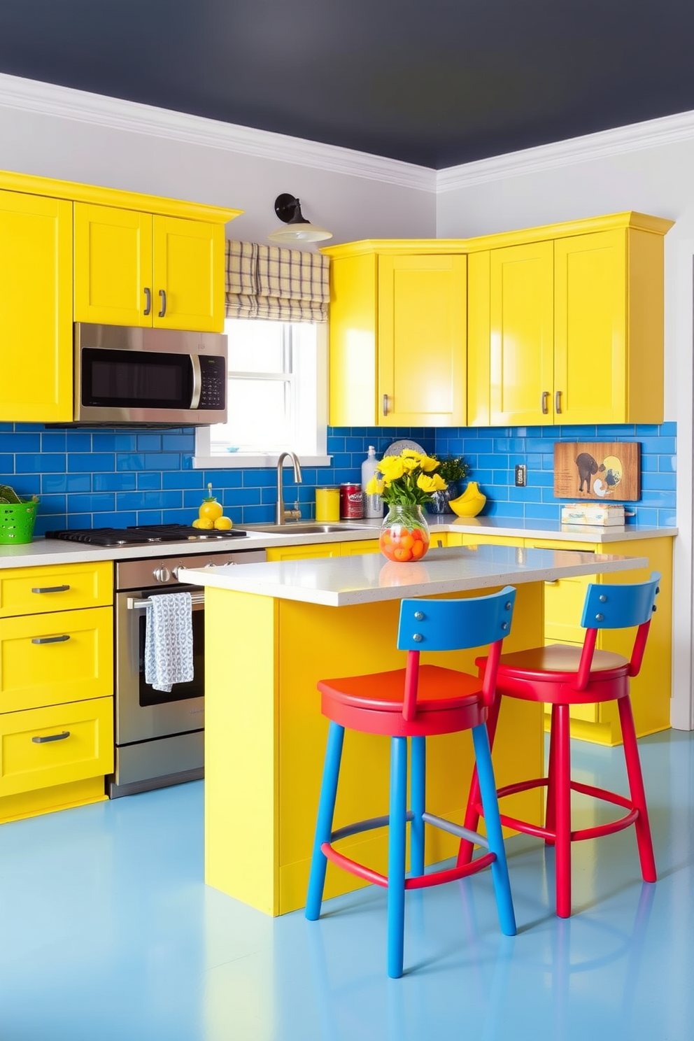 A corner kitchen designed to maximize space with bright colors that create an inviting atmosphere. The cabinetry is painted in a vibrant yellow, complemented by a bold blue backsplash and colorful bar stools around a small island.