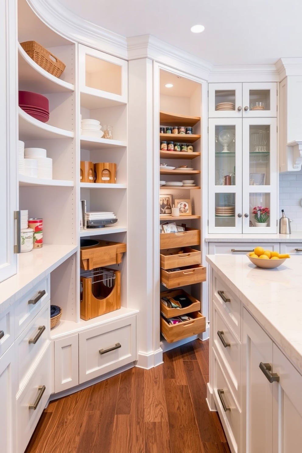 A built-in pantry designed to maximize storage features custom shelving and pull-out drawers for easy access to ingredients. The cabinetry is finished in a soft white, complemented by a sleek countertop that offers additional workspace. The corner kitchen design incorporates an L-shaped layout that optimizes flow and functionality. A large island serves as a focal point, providing both seating and additional storage options.