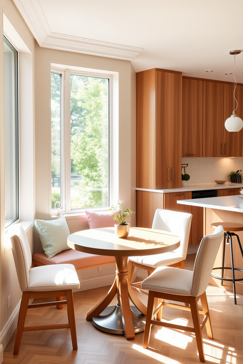 A cozy breakfast nook by the window features a round wooden table surrounded by cushioned chairs in soft pastel colors. Sunlight streams in through the large window, illuminating a small potted plant on the table and creating a warm, inviting atmosphere. The corner kitchen design includes sleek cabinetry in a warm wood finish and a stylish backsplash with subtle geometric patterns. A spacious island with bar stools provides additional seating, making it perfect for casual meals and entertaining guests.