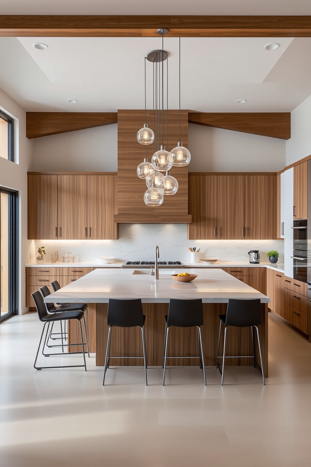 A modern kitchen featuring a large central island with stylish pendant lights hanging above. The island is surrounded by sleek bar stools, and the cabinetry is a mix of white and natural wood finishes.