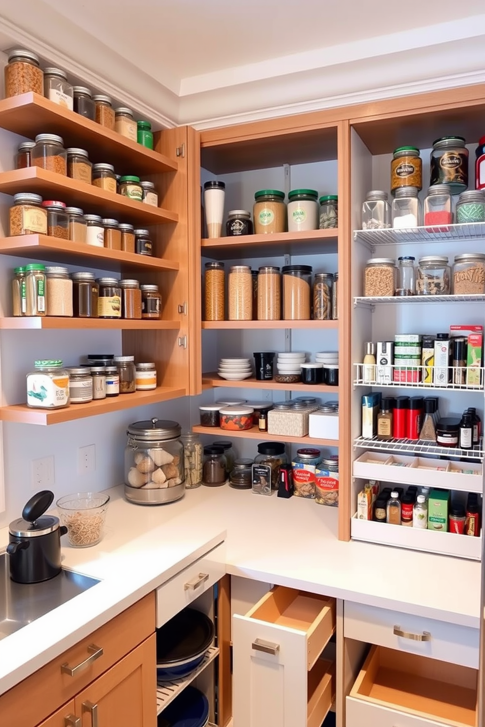 L-shaped shelves elegantly designed to maximize storage space while maintaining a sleek aesthetic. The shelves are crafted from light wood with clean lines, showcasing an array of decorative boxes and plants for added visual interest. A corner pantry featuring a contemporary design that blends functionality with style. The pantry includes open shelving for easy access to frequently used items and a combination of closed cabinets for a clutter-free appearance.