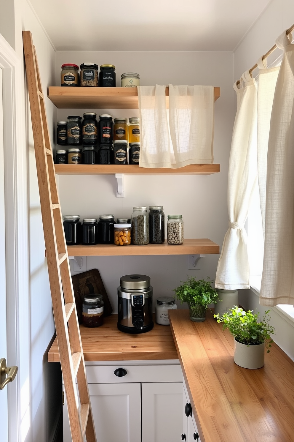 A cozy farmhouse corner pantry featuring rustic wooden shelves filled with jars of preserves and dried herbs. The walls are painted in a soft white, and a vintage wooden ladder leans against the shelves for easy access to the top. A charming wooden countertop provides space for meal prep, adorned with a small potted herb garden. Natural light streams in through a window adorned with simple linen curtains, enhancing the warm and inviting atmosphere.